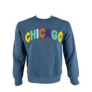 New York Popular Sweatshirt Small Chicago Chenille Patch Indigo Blue EUC
